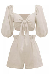 Haki Keten Anvelop Önden Bağlamalı Puf Kol Şort Takım