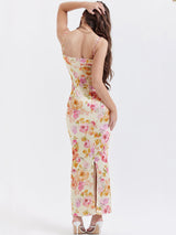 Fildişi Çiçekli Uzun Elbise