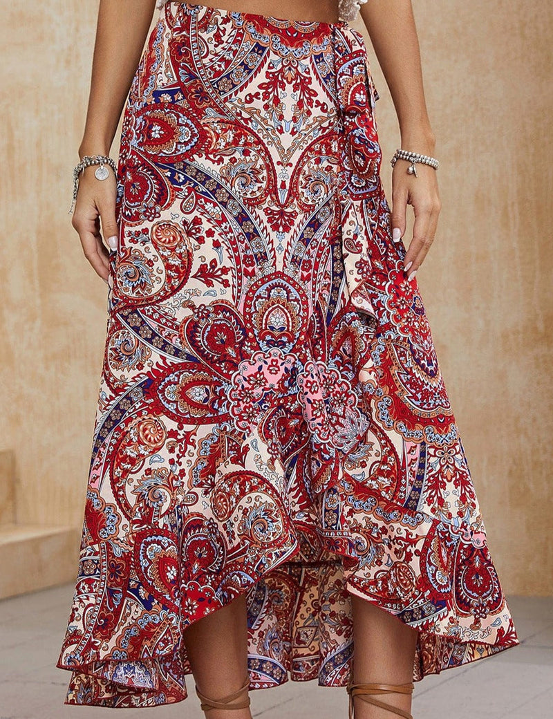 Boho Paisley Yüksek Düşük Midi Etek