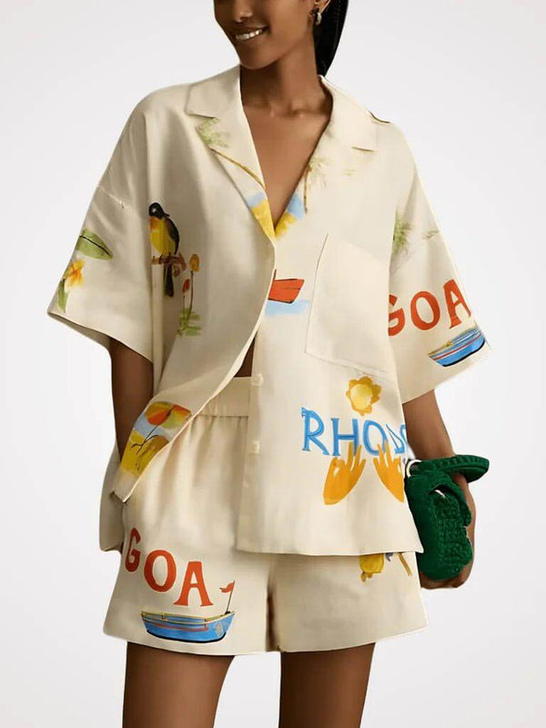 Benzersiz Tatil Halk Çiçek Baskı Gevşek Şort İki Parçalı Set