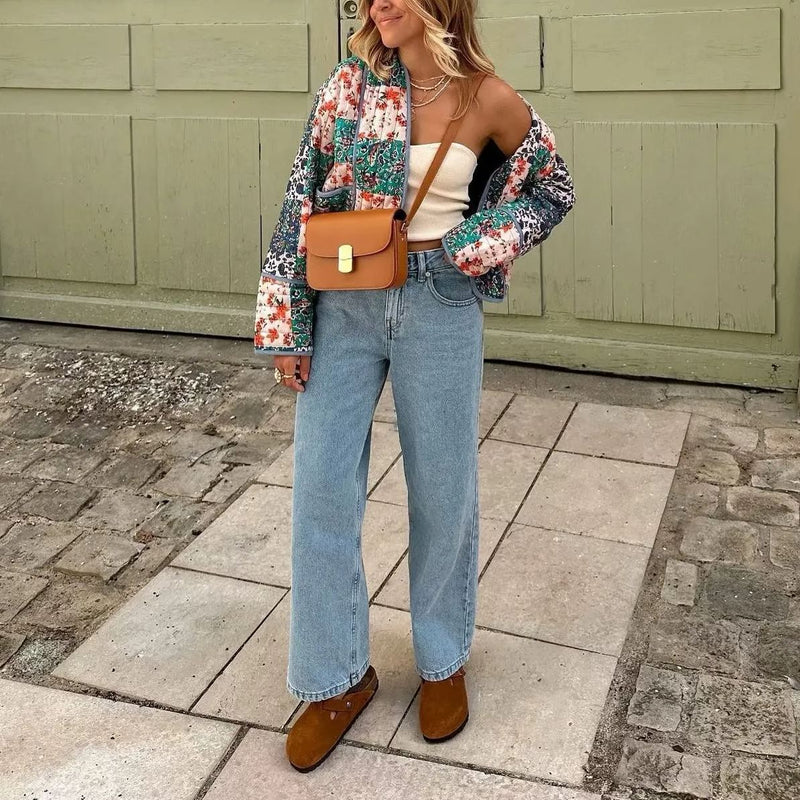 Çiçekli Patchwork Baskılı Düşük Omuz Ceket