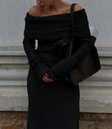 Omuz Açık Kesim Örme Uzun Elbise