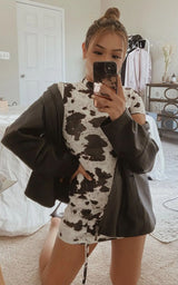 Kovboy Batı Tarzı İnek Desenli Mini Elbise