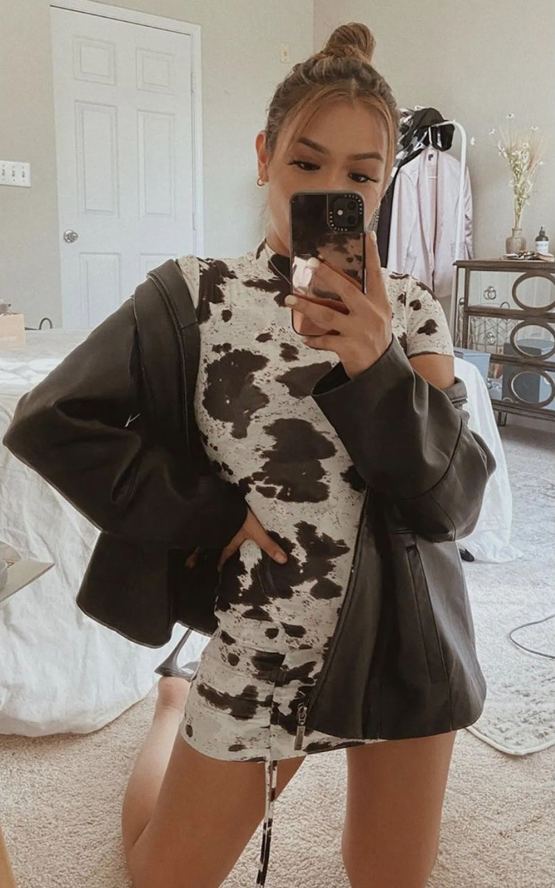 Kovboy Batı Tarzı İnek Desenli Mini Elbise