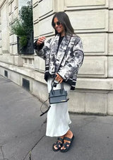 Vintage Mürekkep Boyama Baskı Kapitone Oversize Ceket