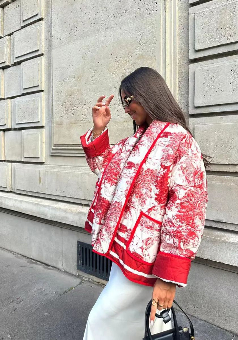 Vintage Mürekkep Boyama Baskı Kapitone Oversize Ceket