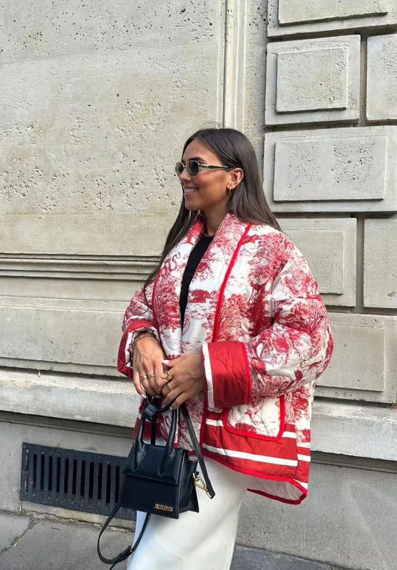 Vintage Mürekkep Boyama Baskı Kapitone Oversize Ceket