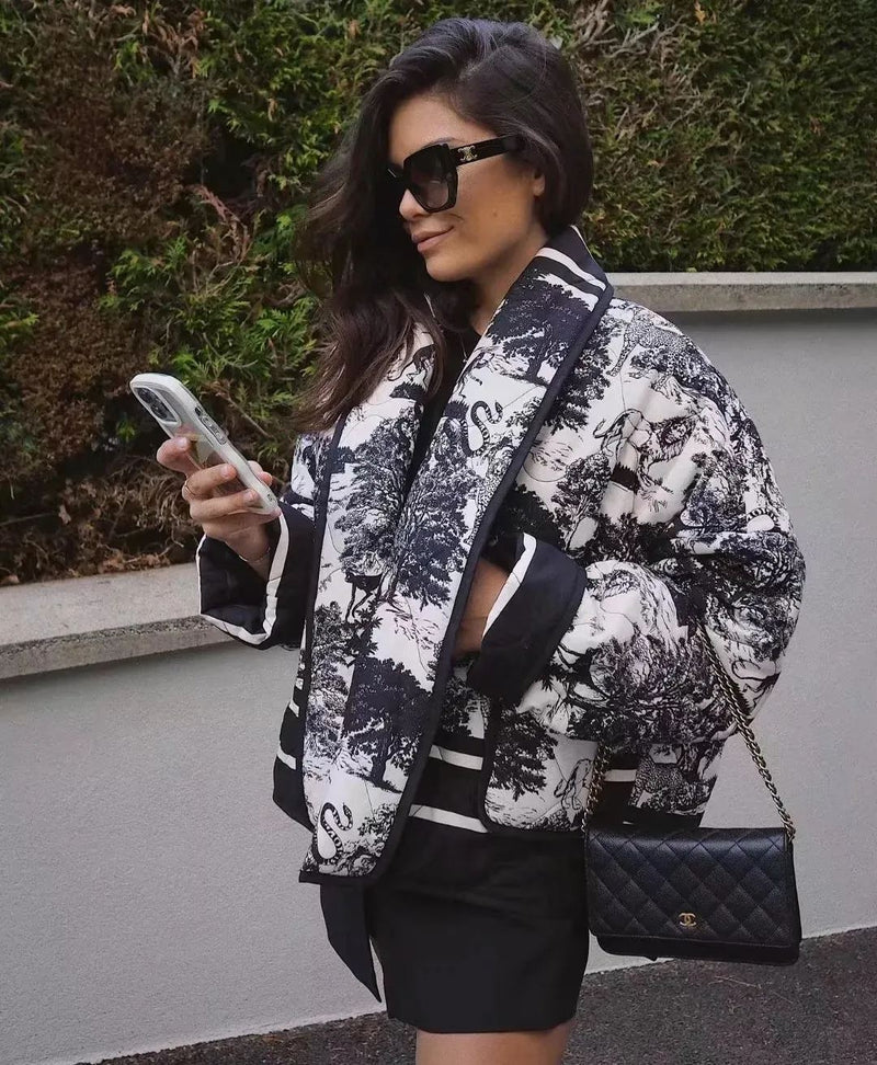 Vintage Mürekkep Boyama Baskı Kapitone Oversize Ceket