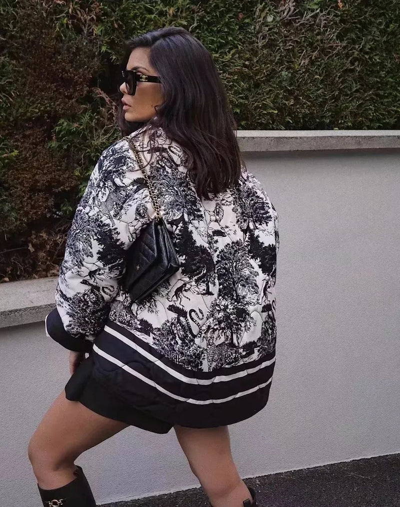 Vintage Mürekkep Boyama Baskı Kapitone Oversize Ceket