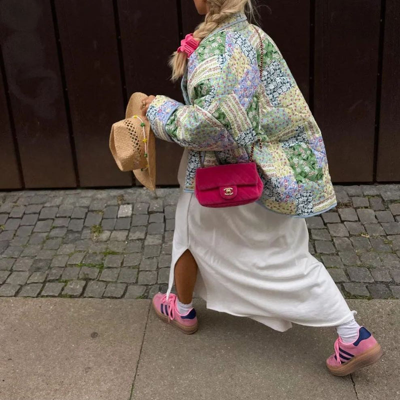 Sarı-Yeşil Çiçek Desenli Patchwork Baskılı Ceket