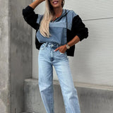 Gevşek Rahat Yıkama Kot Patchwork Kapşonlu