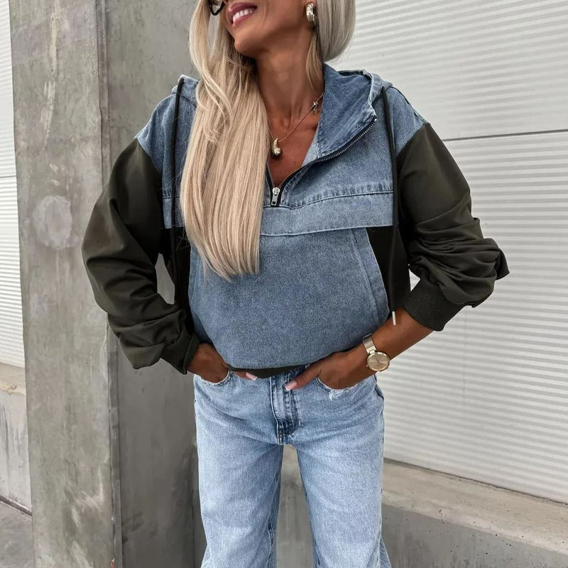 Gevşek Rahat Yıkama Kot Patchwork Kapşonlu