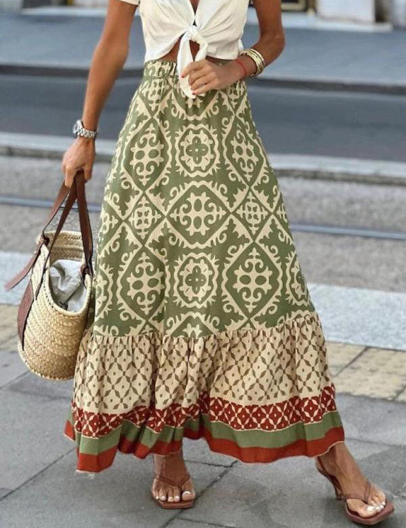 Barok Tribal Desenli Siyah Boho Maxi Etek