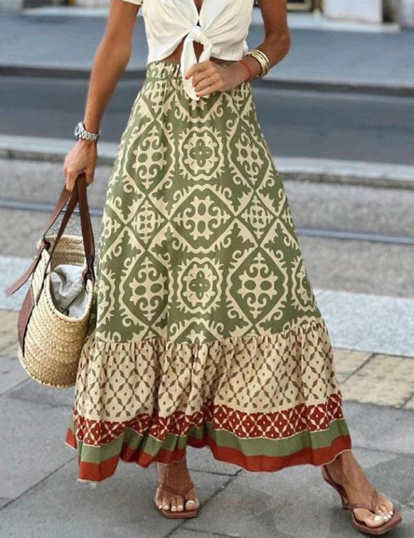 Barok Tribal Desenli Siyah Boho Maxi Etek