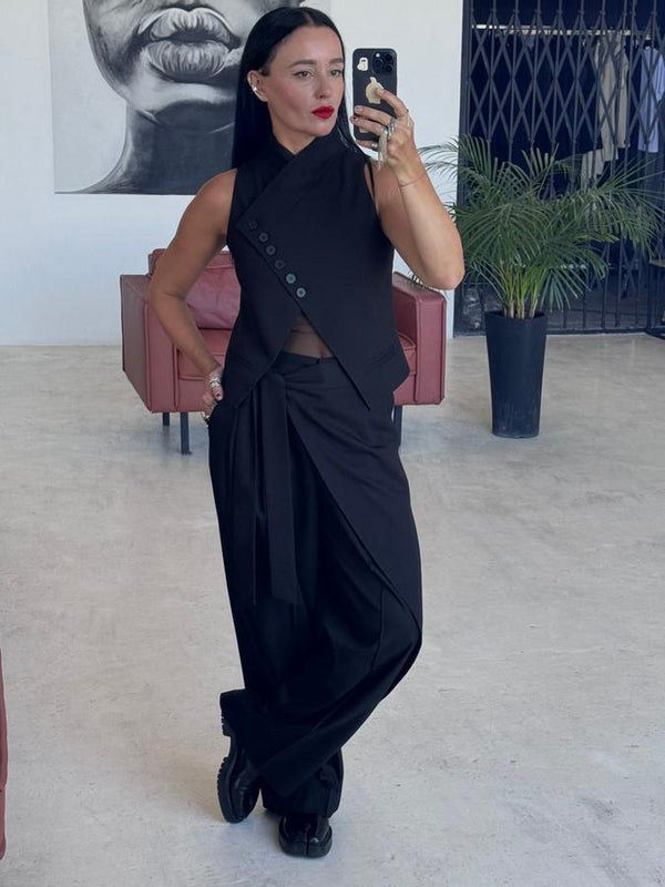 Asymmetric Button Vest Wrap Wide Leg Pants Set
