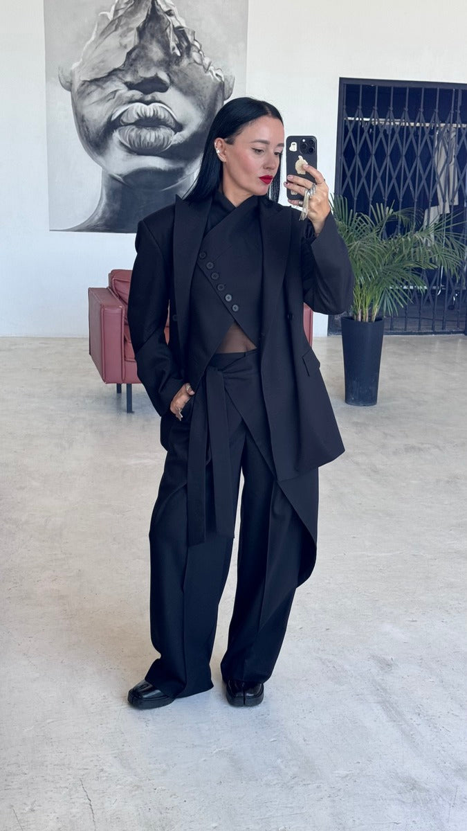 Asymmetric Button Vest Wrap Wide Leg Pants Set