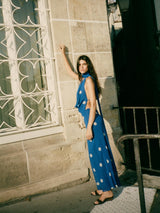 Polka Dot Draped Halter Midi Dress