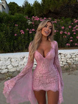 Whispers of Blush Lace Bell-Sleeve Mini Dress