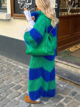 Lazy Style Kontrast Çizgili Kazak Uzun Palto