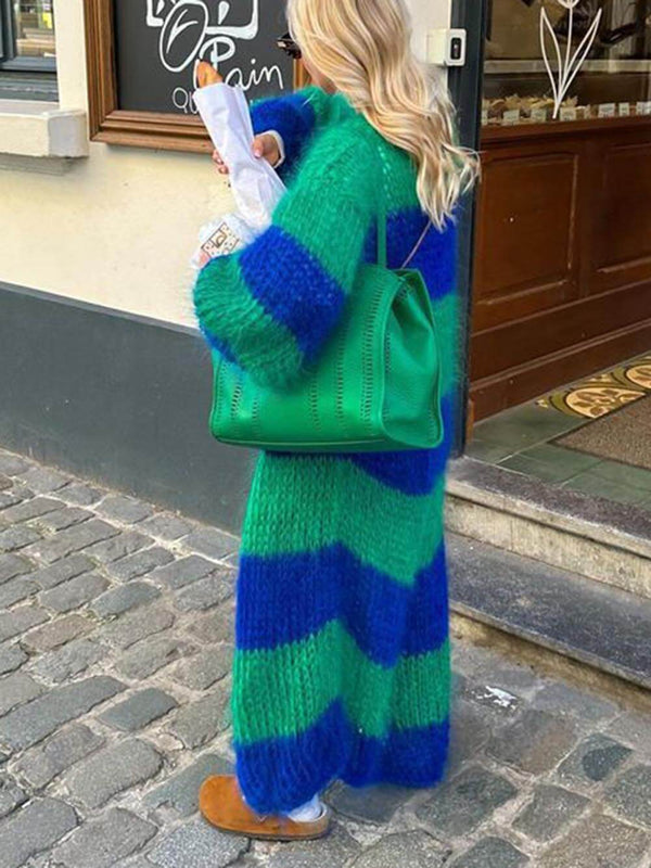 Lazy Style Kontrast Çizgili Kazak Uzun Palto