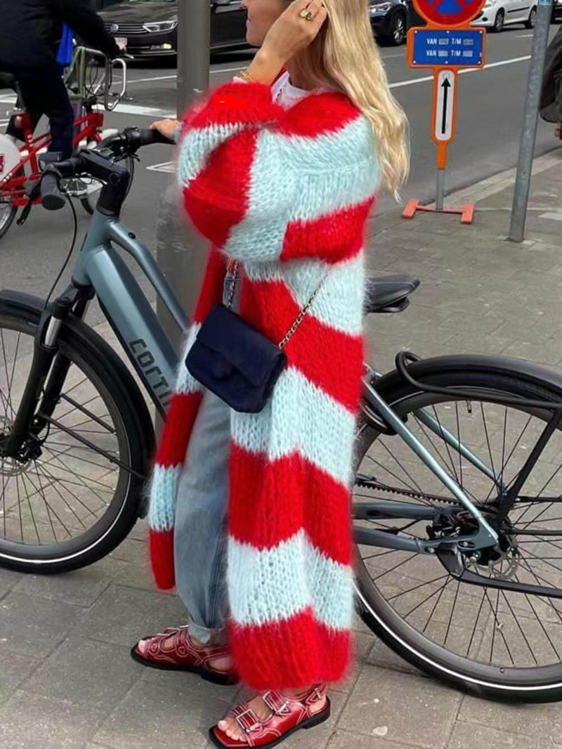 Lazy Style Kontrast Çizgili Kazak Uzun Palto