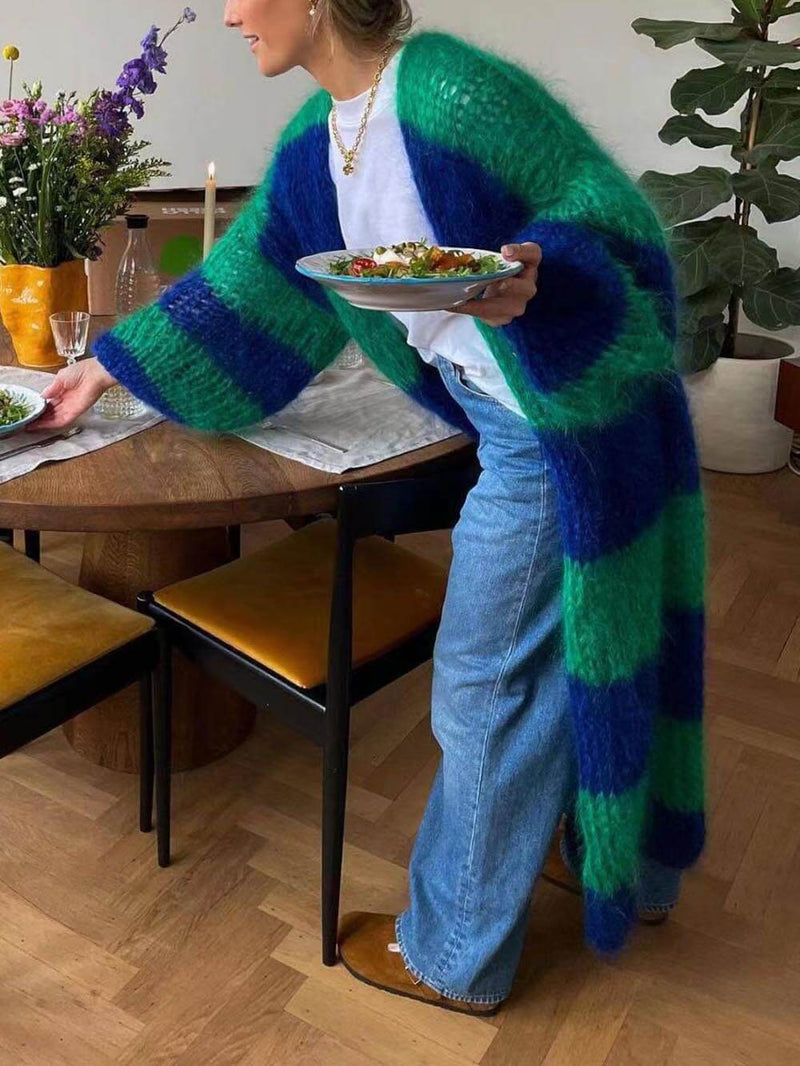 Lazy Style Kontrast Çizgili Kazak Uzun Palto