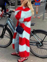 Lazy Style Kontrast Çizgili Kazak Uzun Palto