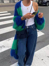 Lazy Style Kontrast Çizgili Kazak Uzun Palto