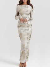 Soluk Adaçayı Desenli Maxi Elbise