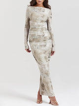 Soluk Adaçayı Desenli Maxi Elbise