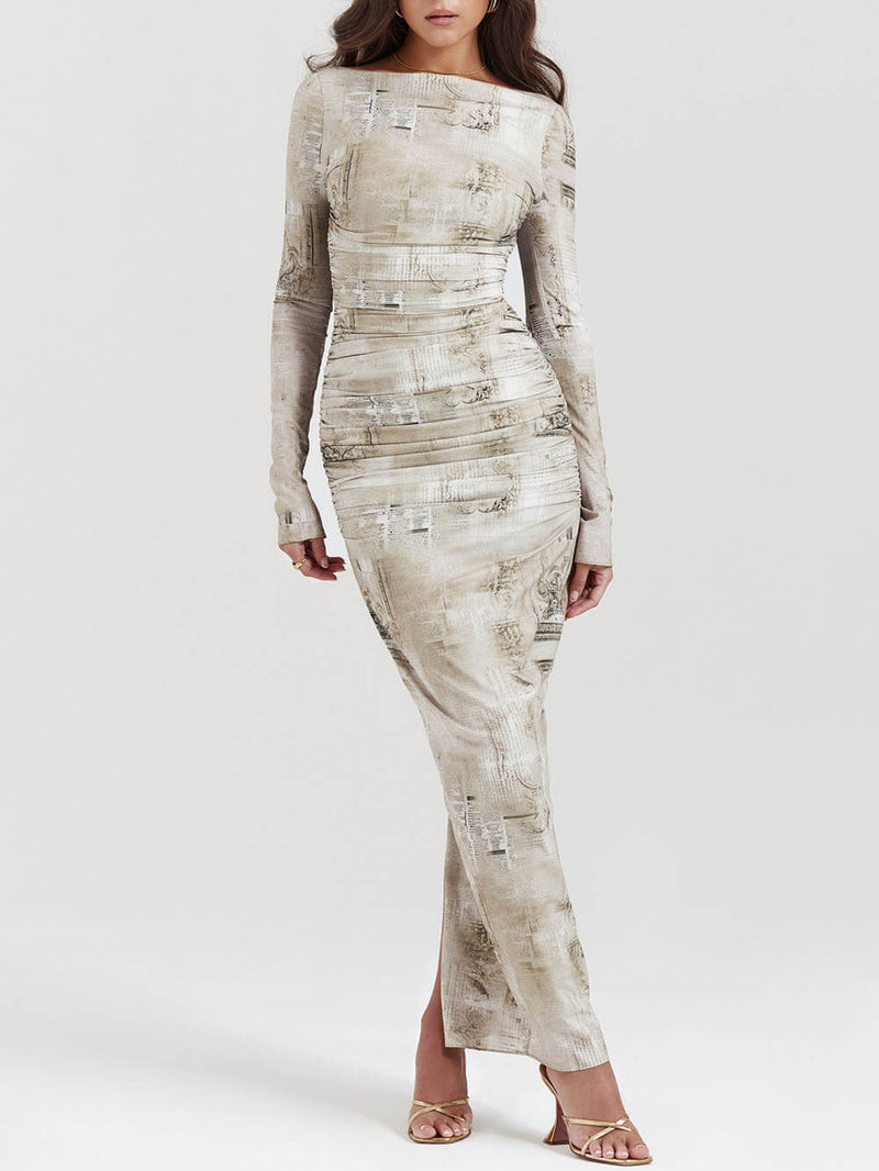 Soluk Adaçayı Desenli Maxi Elbise