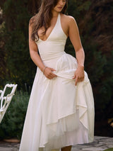 Beyaz Pamuklu Boyundan Bağlamalı Midi Sundress