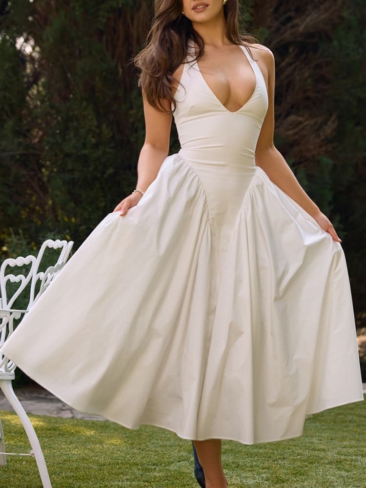 Beyaz Pamuklu Boyundan Bağlamalı Midi Sundress