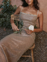 Cafe Au Lait Boncuklu Uzun Elbise