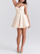 Vintage Krem Tül Mini Elbise