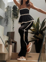 Kolsuz Sade İki Parça Dalgalı Dantel Geniş Paça Pantolon Takım