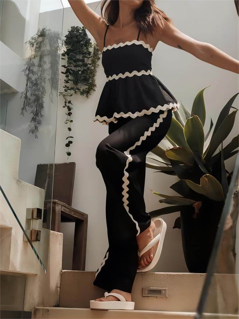 Kolsuz Sade İki Parça Dalgalı Dantel Geniş Paça Pantolon Takım