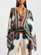 İnce Saten Çiçek Desenli Batwing Kol Pantolon Takım - Turuncu