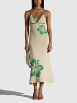 Örme Askılı Boyundan Bağlı V Yaka Sırtı Açık Seksi Midi Elbise