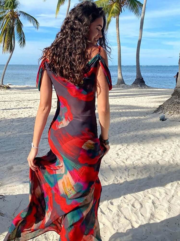 Kadın Kırmızı Siyah Maxi Elbise