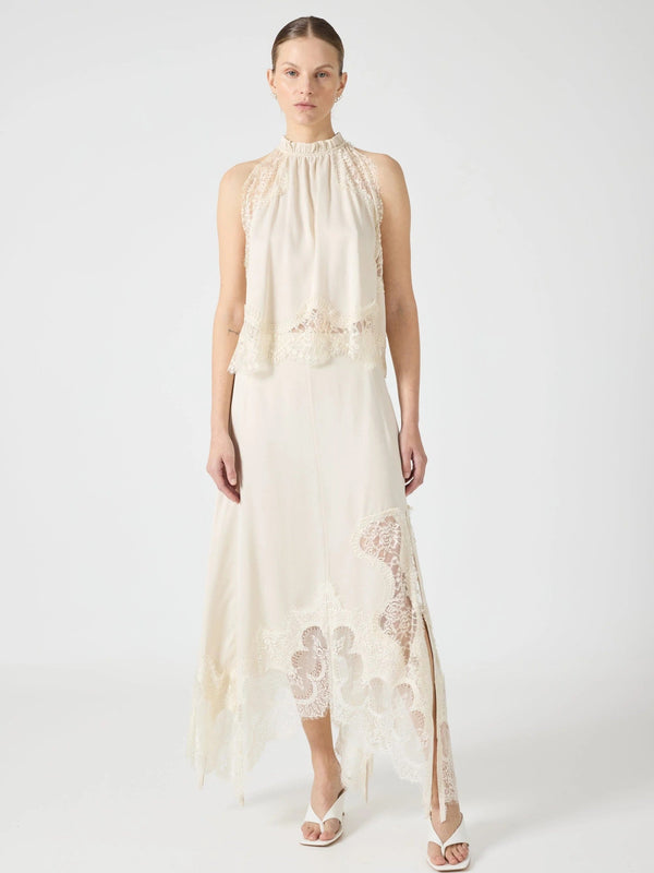 Lace Trimmed Satin Halter Maxi Skirt Set