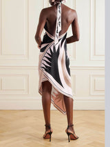 Open Back Abstract Print Midi Dress