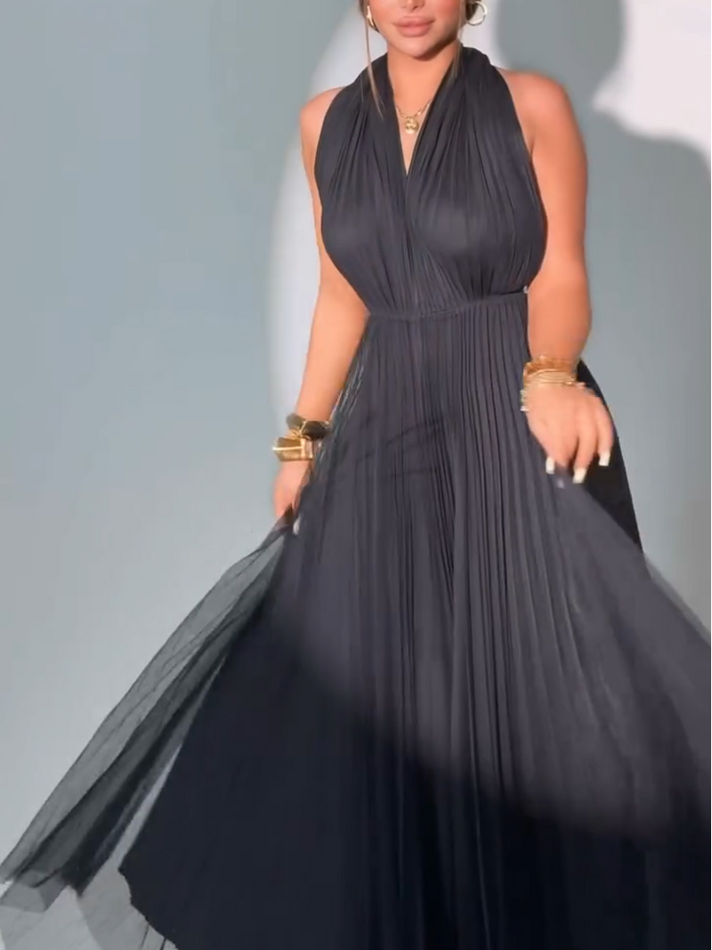 Backless Halter Pleated Maxi Dress