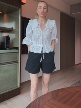 Eyelet Lace Ruffled Collar Peplum Blouse