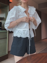 Eyelet Lace Ruffled Collar Peplum Blouse