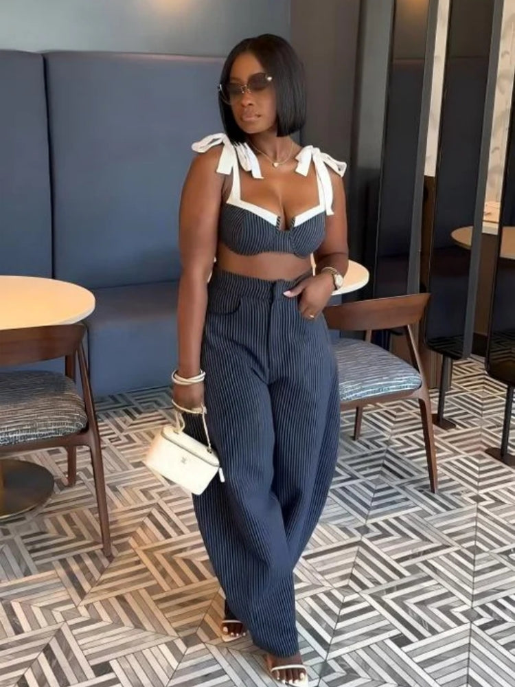 Chic Retro Striped Wide Leg Pants Set