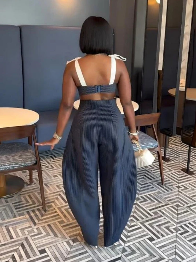 Chic Retro Striped Wide Leg Pants Set