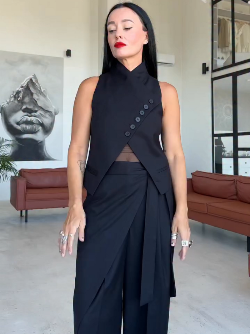 Asymmetric Button Vest Wrap Wide Leg Pants Set