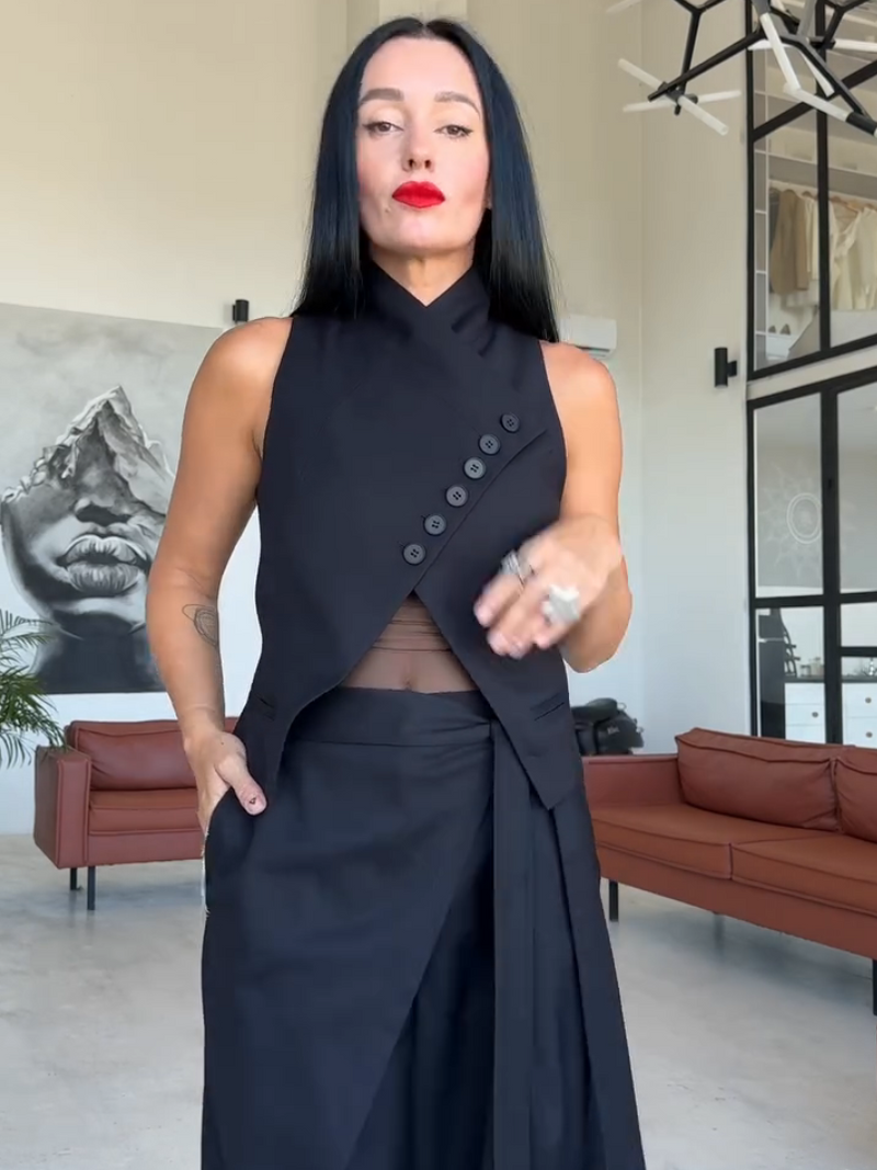 Asymmetric Button Vest Wrap Wide Leg Pants Set