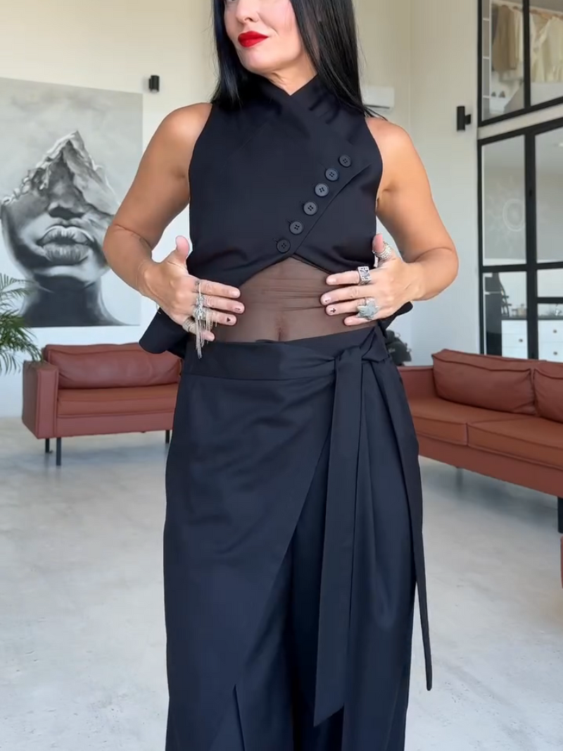 Asymmetric Button Vest Wrap Wide Leg Pants Set